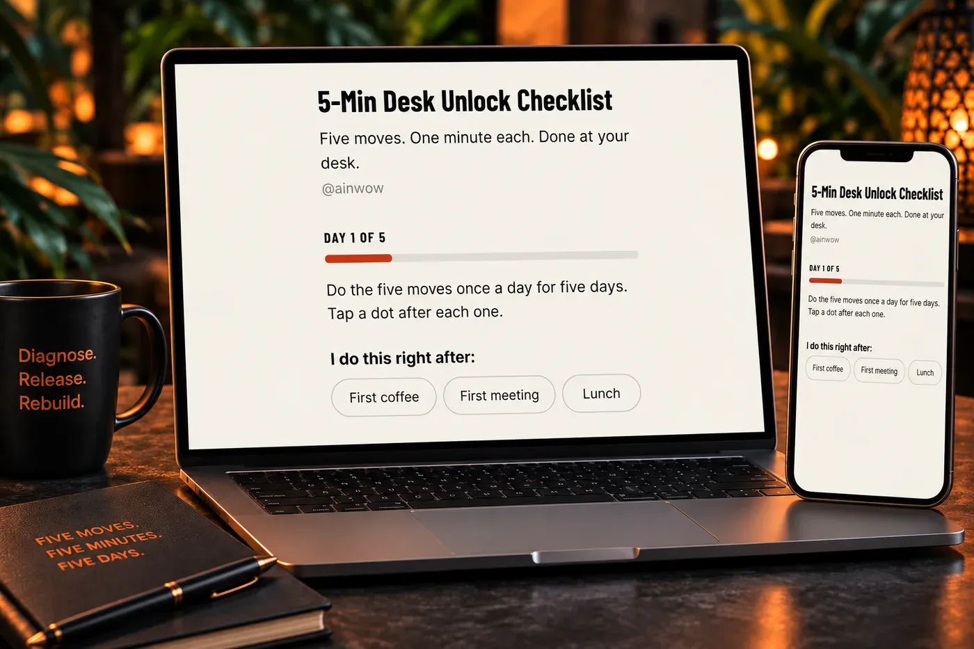 A laptop and phone on a dark desk showing the 5-Min Desk Unlock Checklist page.